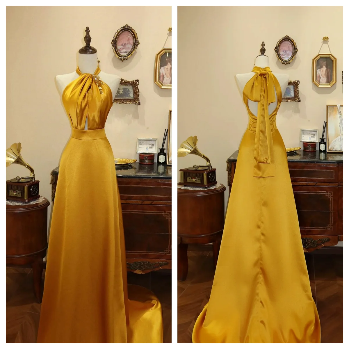 Golden Elegant Evening Dress Women Sexy Halter Hollow Out Backless Sleeveless Solid Robes Satin Party Celebrity Gowns 2024