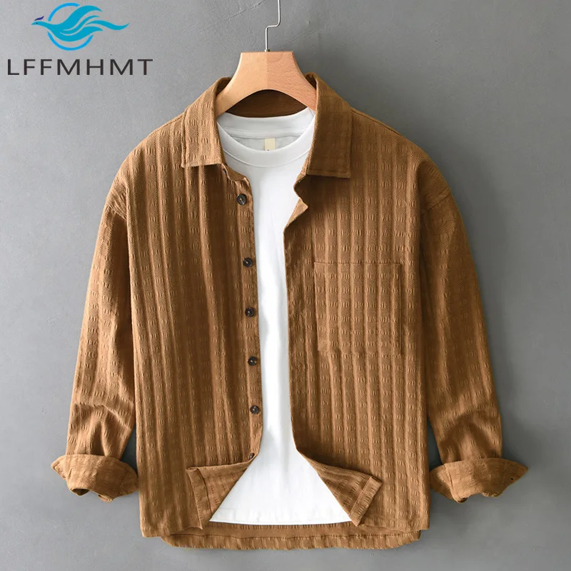 

T722 Spring Autumn Fashion Vintage Plaided Shirt Men's Japan Style Good Quality Solid Color Long Sleeve Loose Casual Blouse Tops