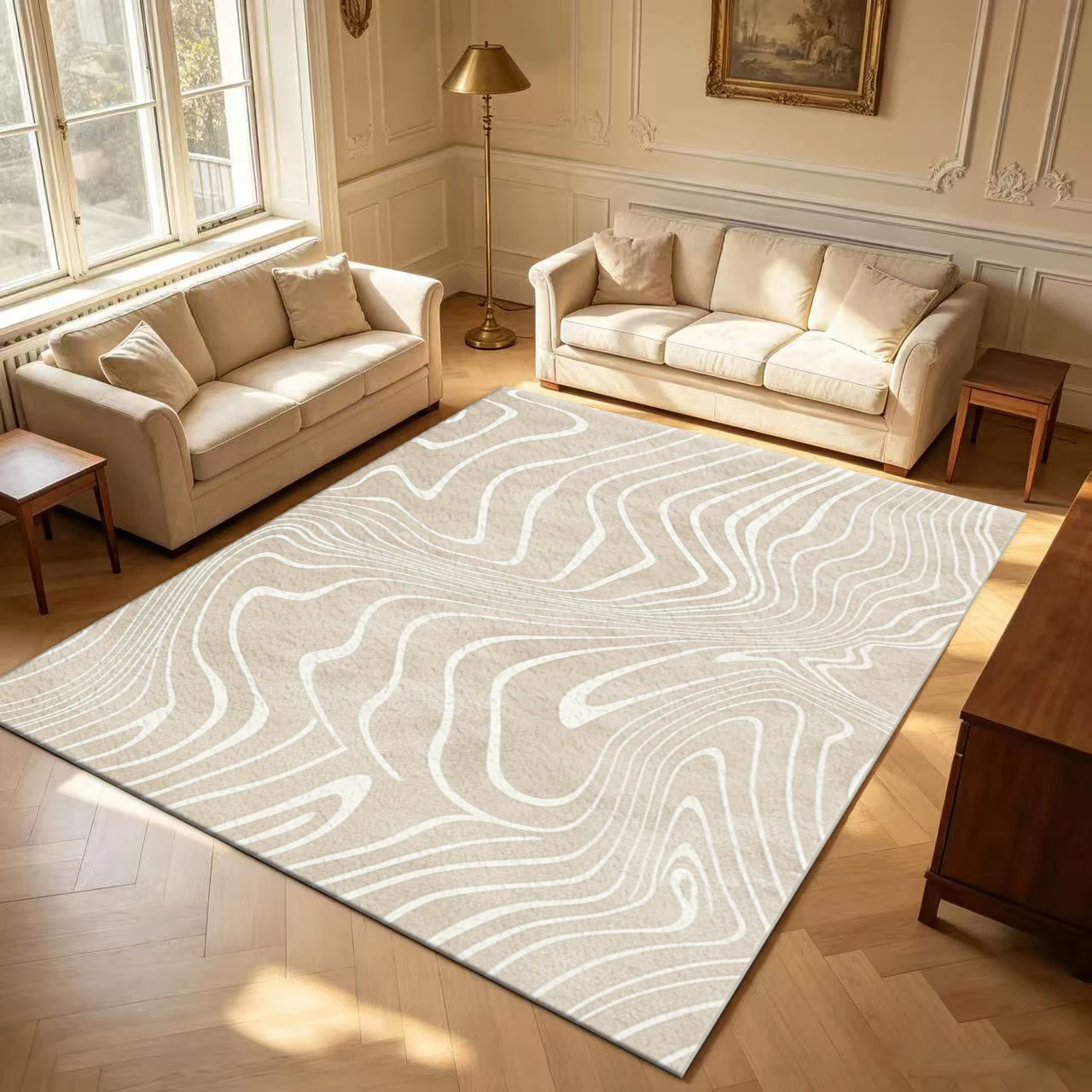 Beige Contour Wave Line Carpet Flooring Minimalist Abstract Large Area Rug for Modern Home Styling