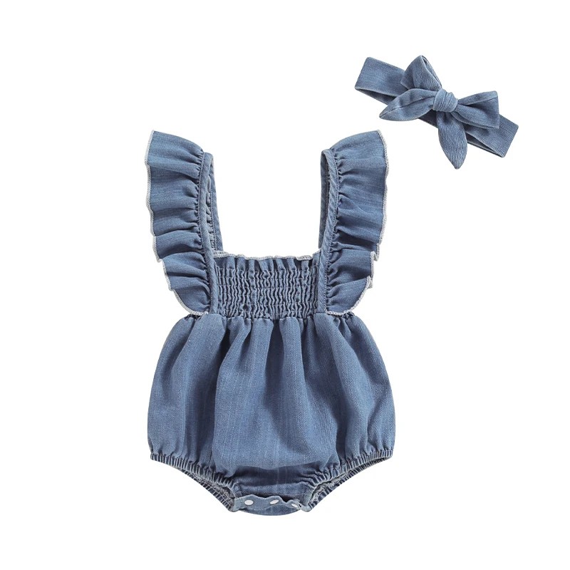 

Infant Baby Girl Denim Bubble Romper Ruffles Fly Sleeve Ruched Jumpsuit Summer Clothes with Headband