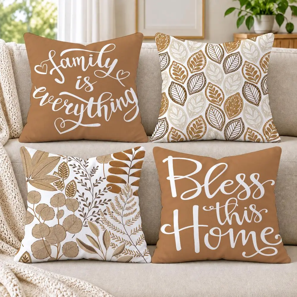 4PC Neutral Brown Line Leaf Cushion Cover Soft Plush Double-Sided Print Throw Pillow Cover Home Decor for Sofa Living Room