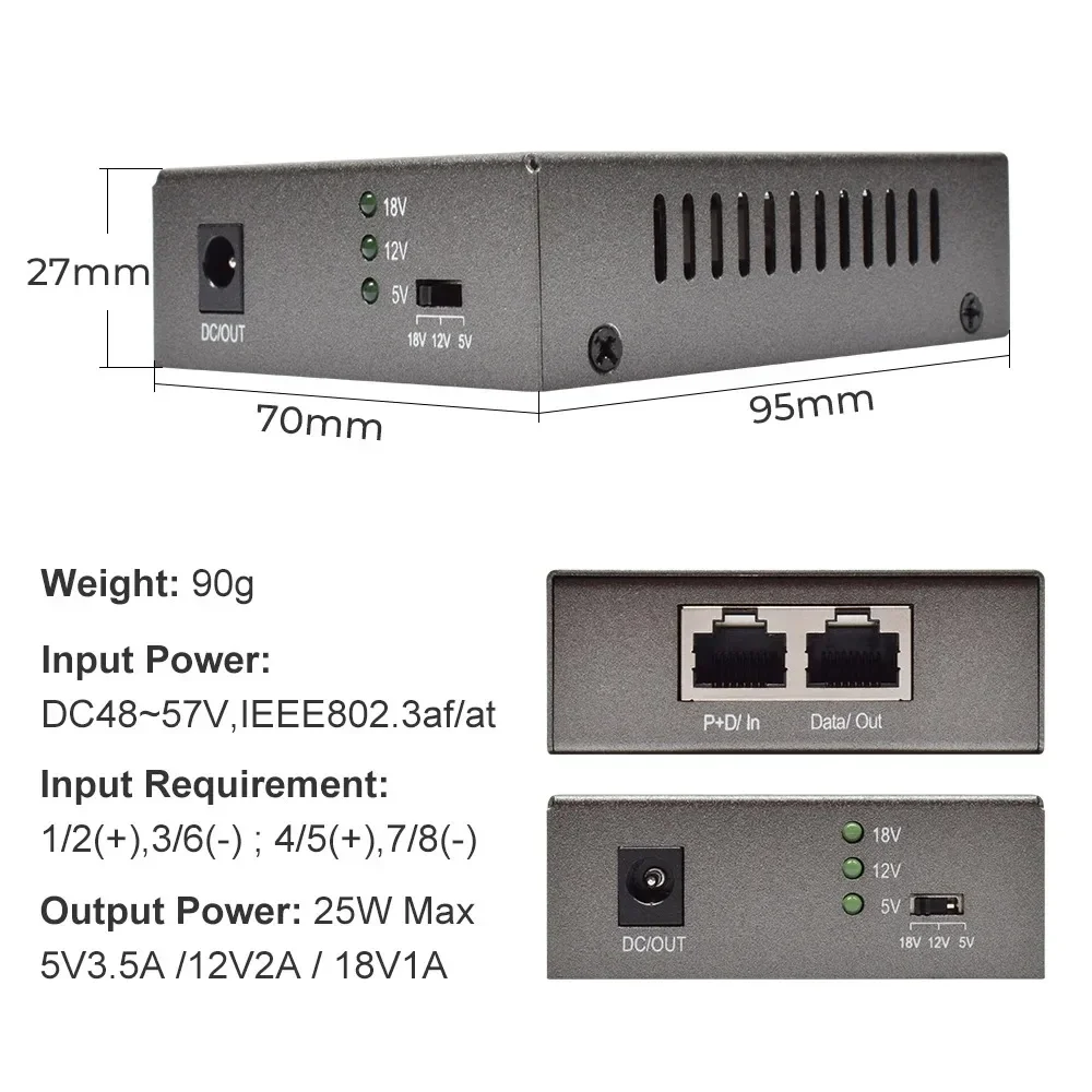 POE Splitter 100/1000 mbps data Adapter 802.3af / 802.3at Power POE Splitter Output for 5V/12V/18V Adapter Output data adapter