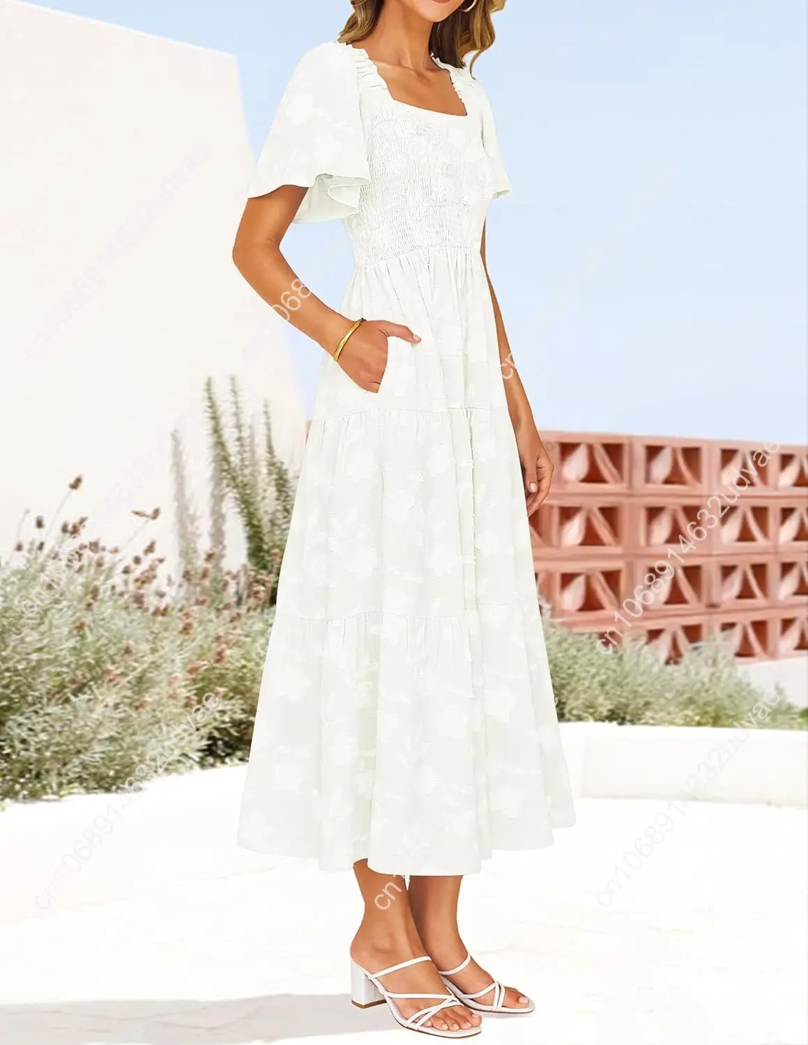 Vestidos midi florales bohemios de verano para mujer 2025 Vestido largo informal de manga corta con cuello cuadrado y vacaciones en la playa