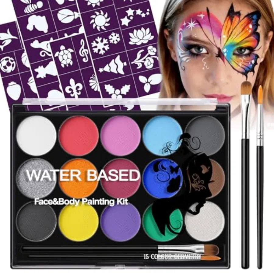 

Face Painting Kit for,15 Colors Water-Based Face Paint Palette with Stencils Safe Skin-Friendly Body Paint for Halloween Makeup