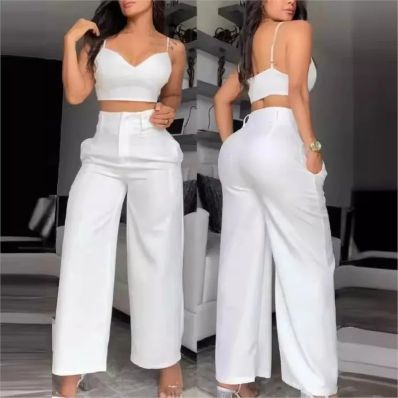 

2 Piece Sets Womens Outifits 2025 Casual V-Neck Cami Crop Tops & White Fashion Hollow Out Wide Leg High Waist Pants Suits Female