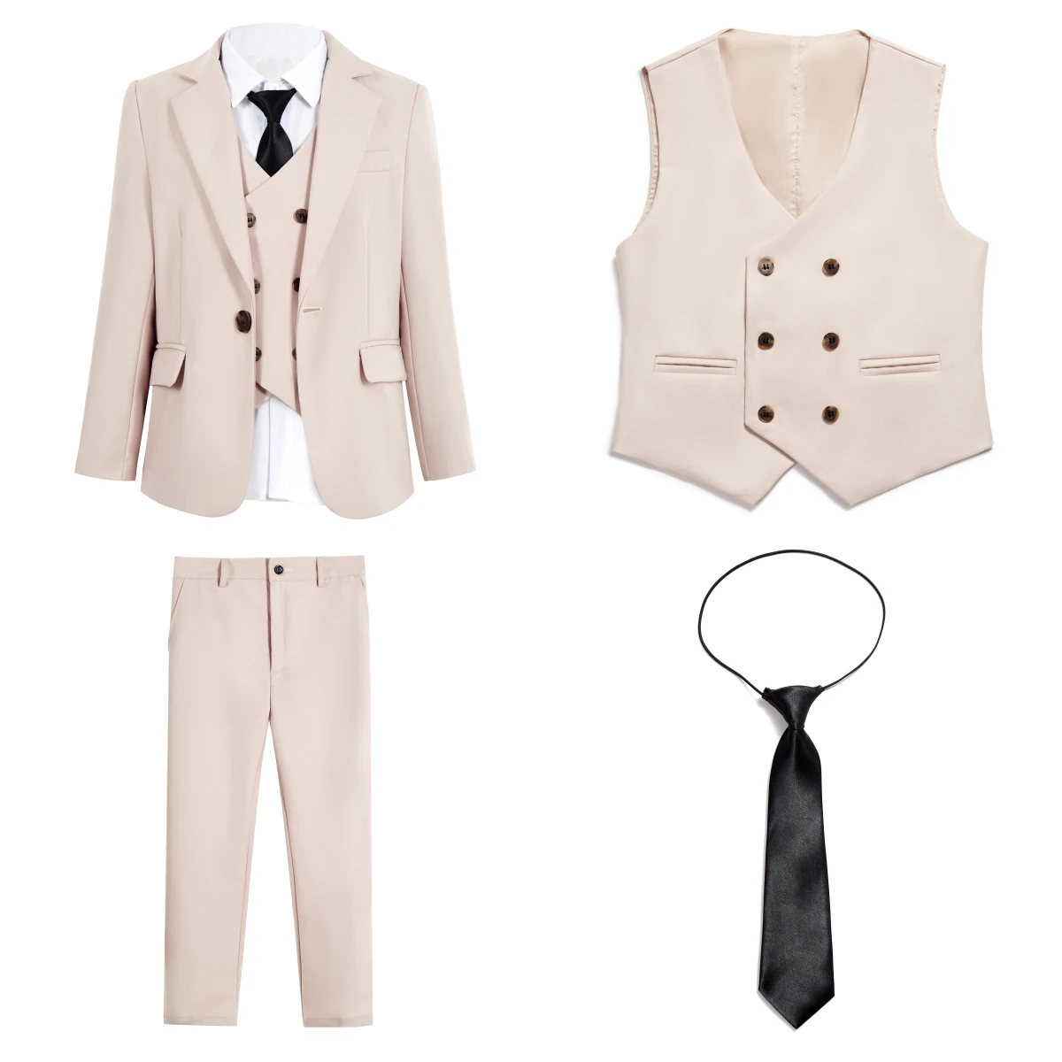 24h Ship Beige 4 Pcs Kids Suit Set Classic Single Button Boy\'s Tuxedo Blazer Vest Pants Birthday Wedding Party Suits For Child