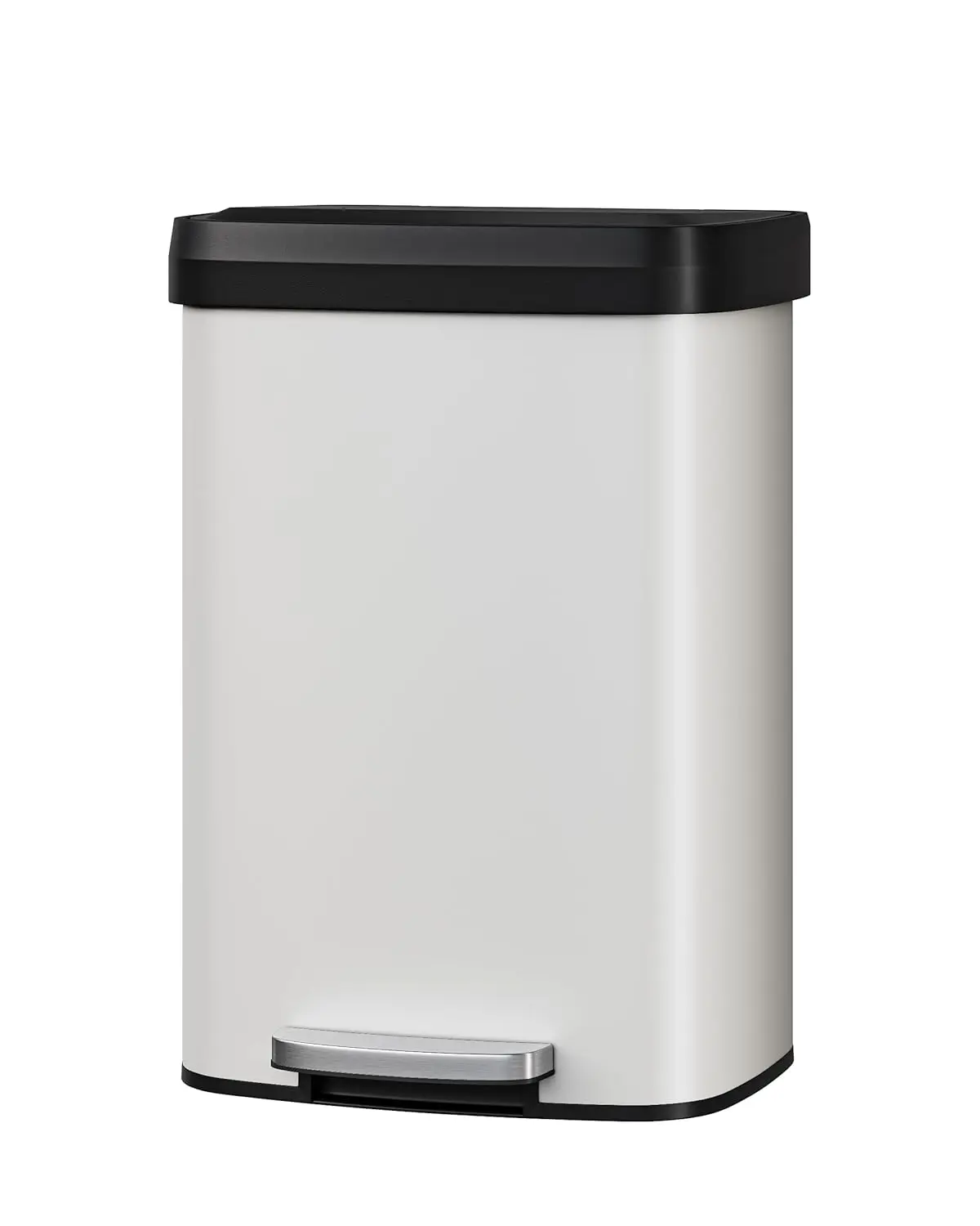 

13 Gallon Metal Step-On Trash Can with Soft-Close Lid, Rustproof Kitchen Garbage Bin with Liner Rim and Rear Handle, White