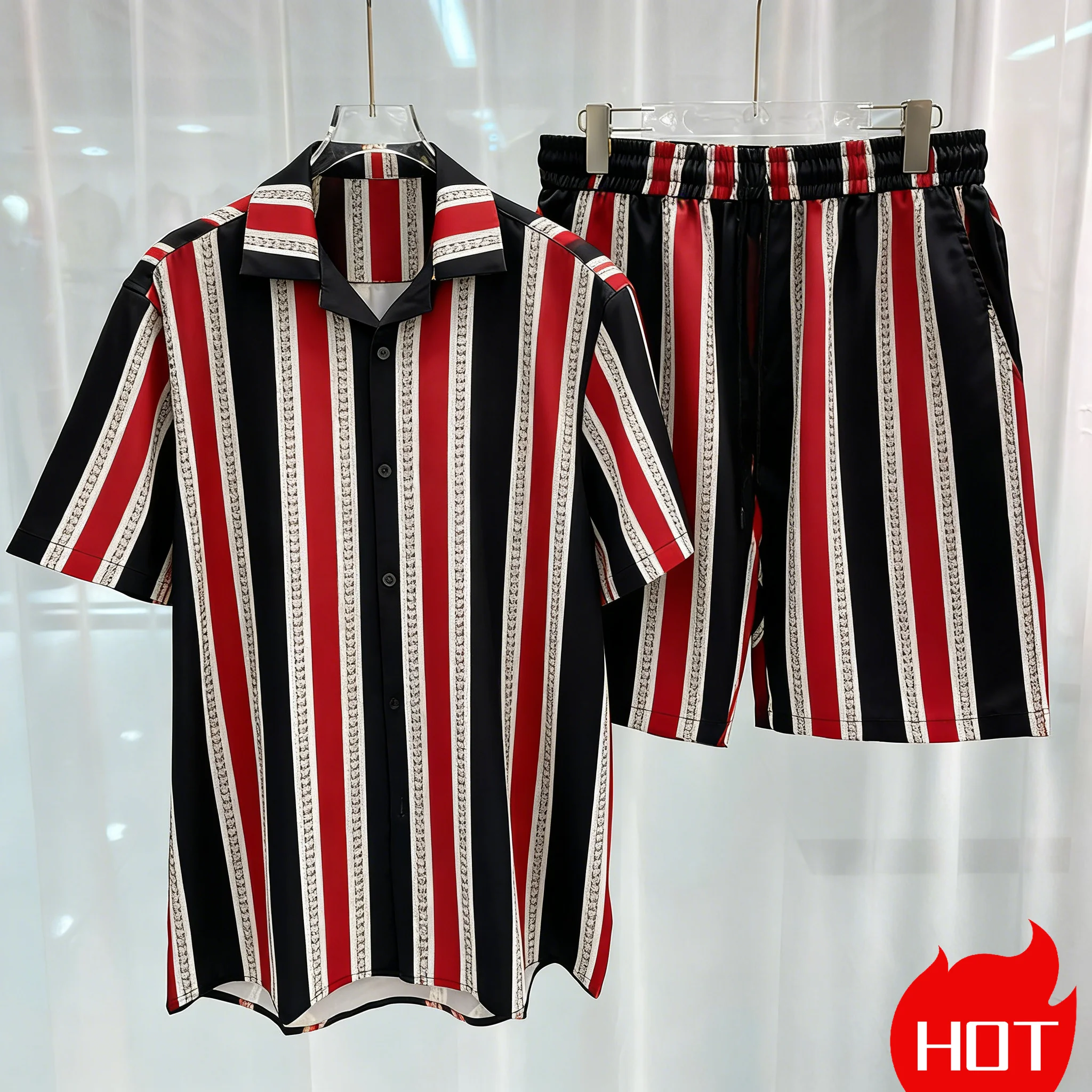 Summer men's striped shirt set Leisure two-piece set Two piece set of men's and women's home shirts and shorts Mens y2k clothing