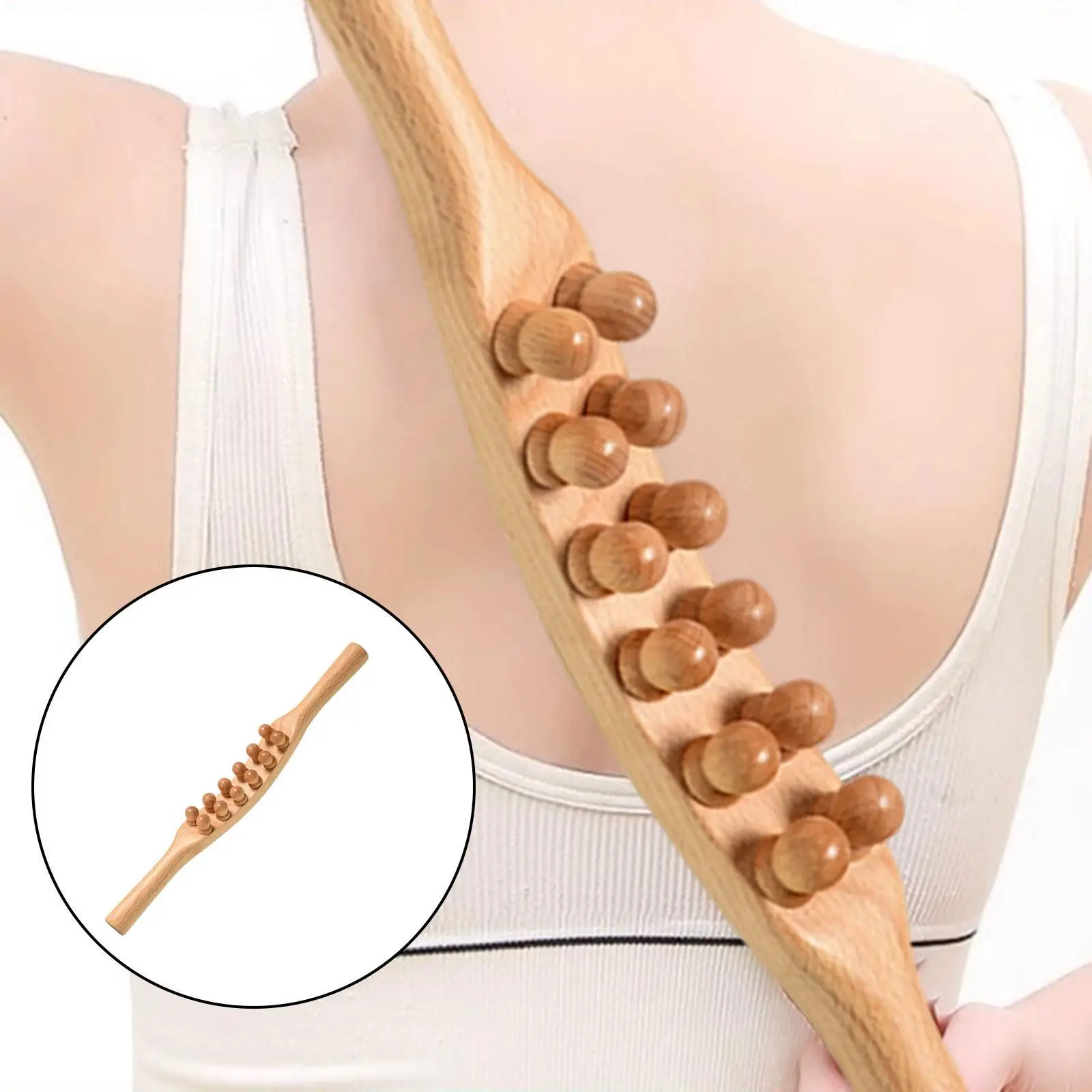 

Wood Massage Tool with 12 Beads Manual 38cm Handheld Lightweight Body Massager Gua Sha Tool for Shoulder Waist Neck Thigh SPA