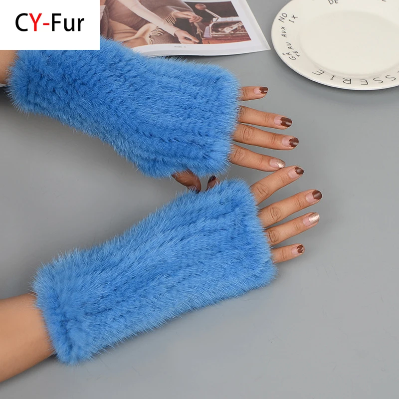 2024 New Brand Style Top Quality Women's 100% Winter Warm Real Mink Fur Knitted Half Finger Gloves Girls Typing Mittens