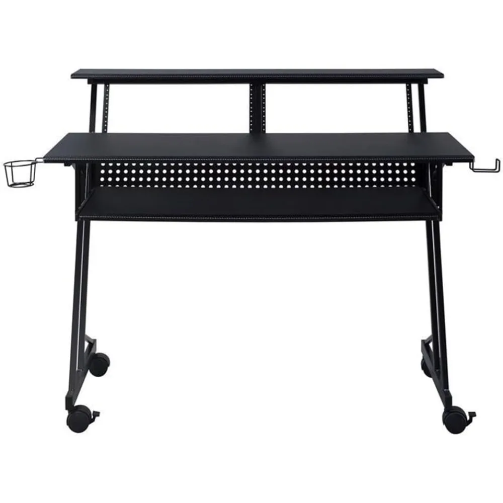 طاولة سوداء لاستوديو الموسيقى الفردي مع صينية لوحة مفاتيح واحدة، 4 عجلات، حامل أكواب، 47 طول × 27 عرض × 38