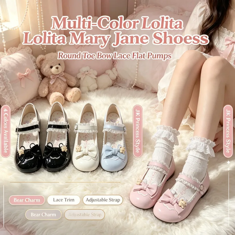 Lolita T Strap Mary Jane Shoes Women Y2K JK Princess Cosplay Round Toe Low Heel Lace Bow Ballet Flats For Daily Holiday Gift New