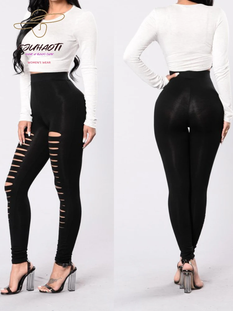 

Women's Black Front Ripped Leggings Oversized Tight Disco Pants Ladies Fitness Perforated Trousers Womens Clothing Free Shipping