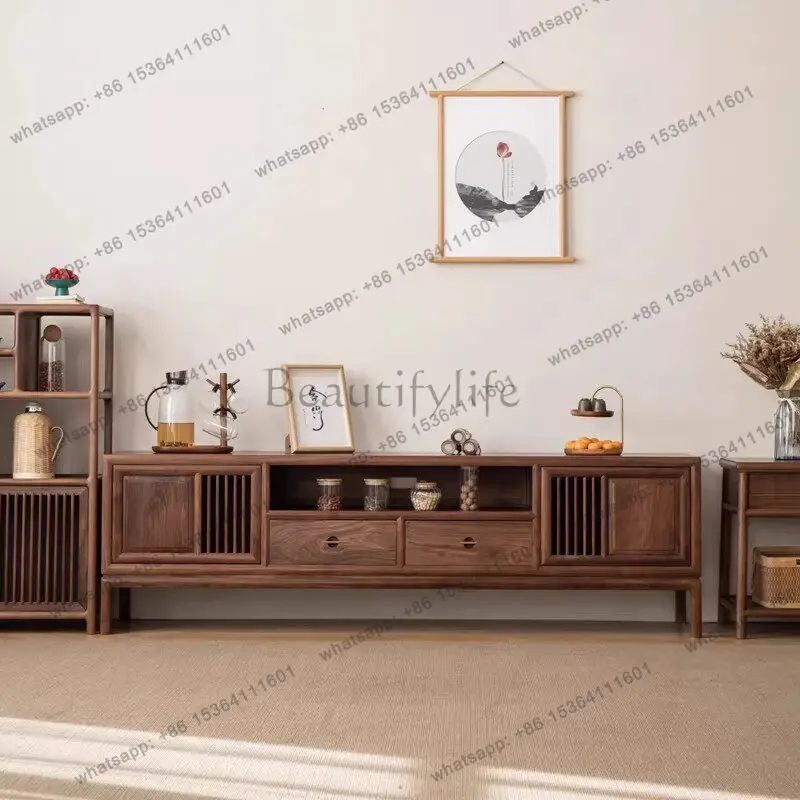 

New Chinese style North American black walnut living room TV cabinet Solid wood floor cabinet