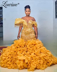 2024 Customize Arabic Aso Ebi Plus Size Gold Mermaid Wedding Party Dress Luxurious Beaded With Detachable Train Evening Dress