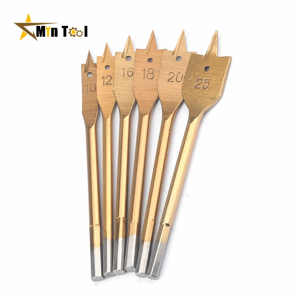 6pcs/Set Titanium Coating Hex Shank Spade Bits 10-25mm Tri-point Woodworking Hole Opener Hexagon Shank Titanium Woodworking