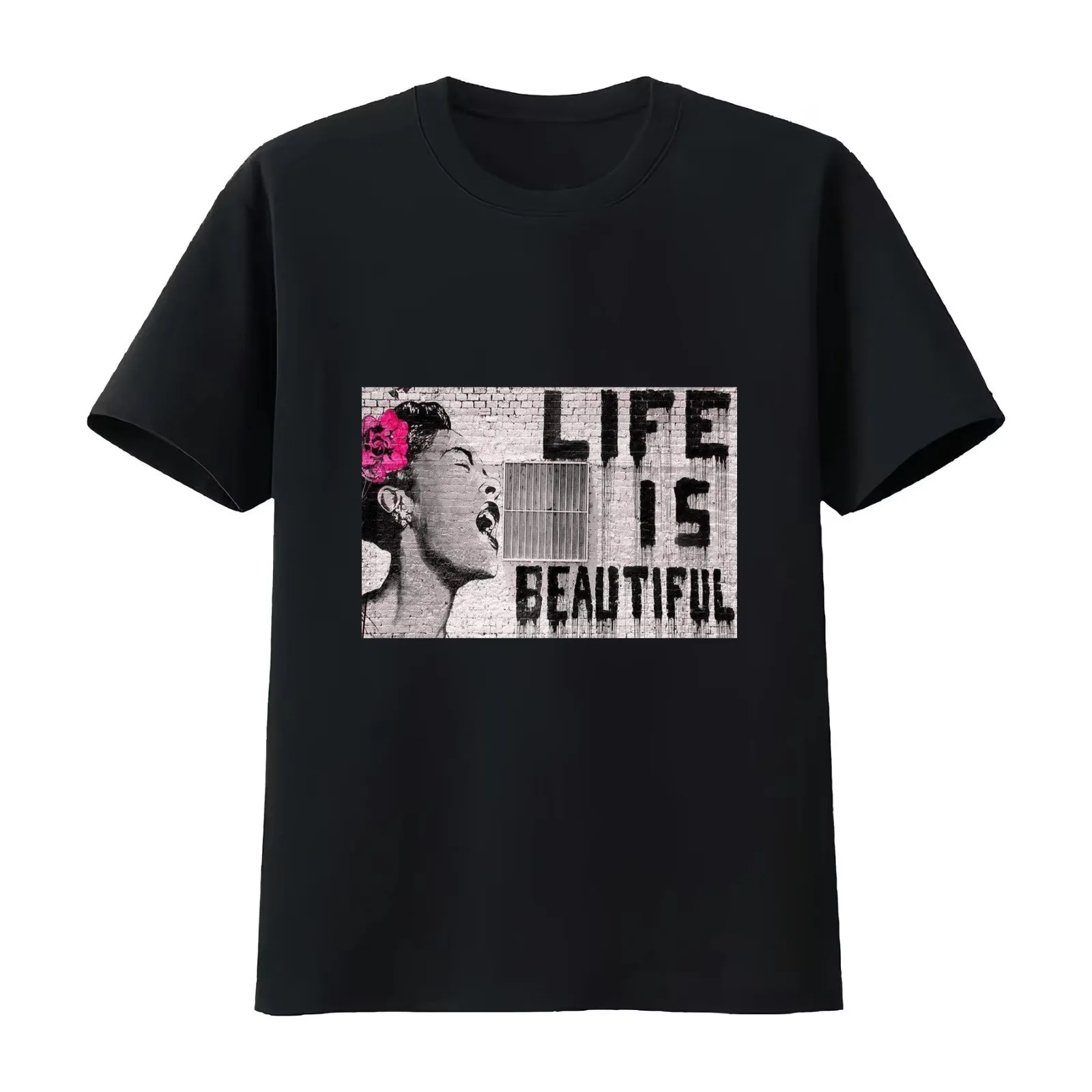 BANSKY LIFE IS BEAUTIFULL T-Shirt Summer Casual Cotton Tee Oversized Streetwear Tops Vintage Graphic Print Unisex Men Women