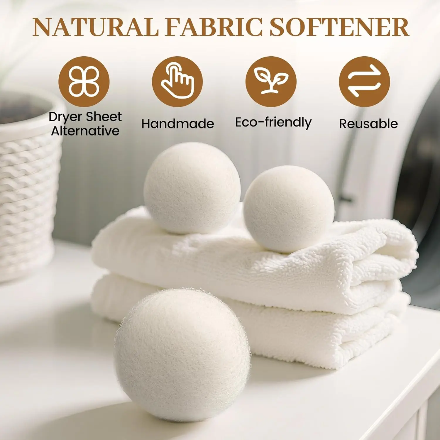 Wool drying ball, organic chemical free fabric softener, reduces static electricity, wrinkles, and drying time, reusable