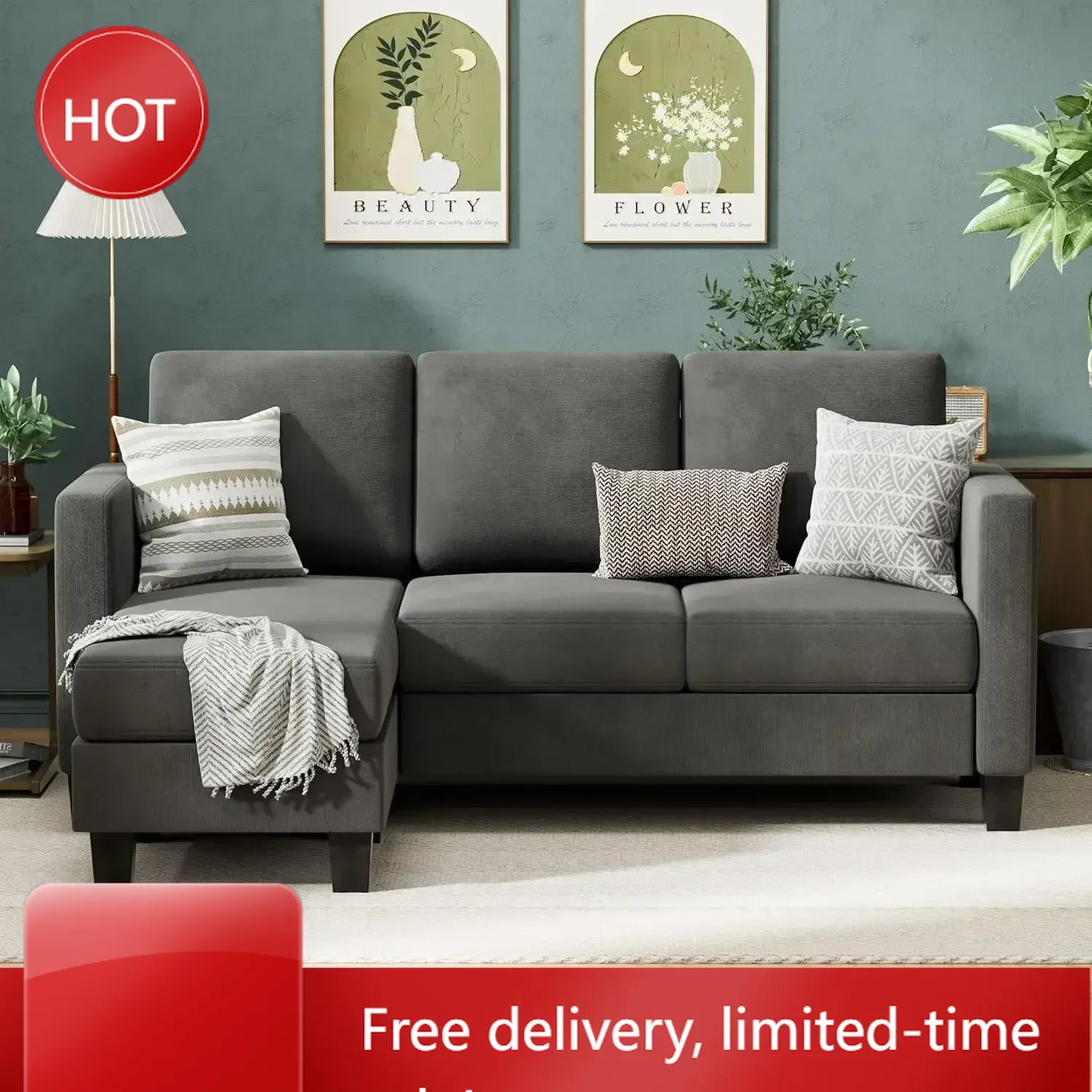 

Time-limitedConvertible Sectional Sofa Couch, 3 Seat L-Shaped Sofa with Linen Fabric Ottoman Small Couch for Small Apartments,