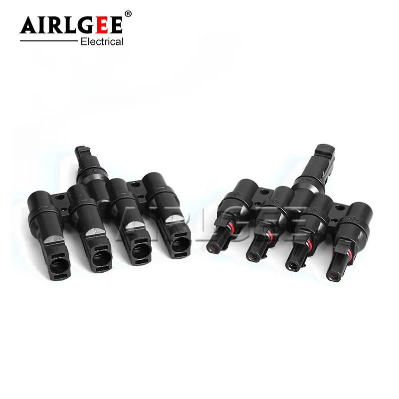 1 Pair 4 To 1 T Branch Male&Female PV Solar Panel Cable Connectors TUV Certified IP67 Waterproof 1000V DC Solar Connector