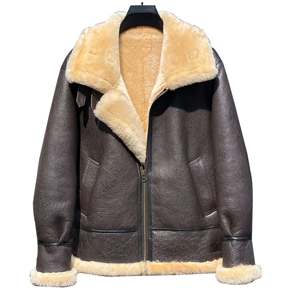 

Original Fur Shearling Mens Coat Leather Fur Lined Jacket For Man Plus Size 6XL Winter Lamb Wool Windbreaker Coats Real Picture