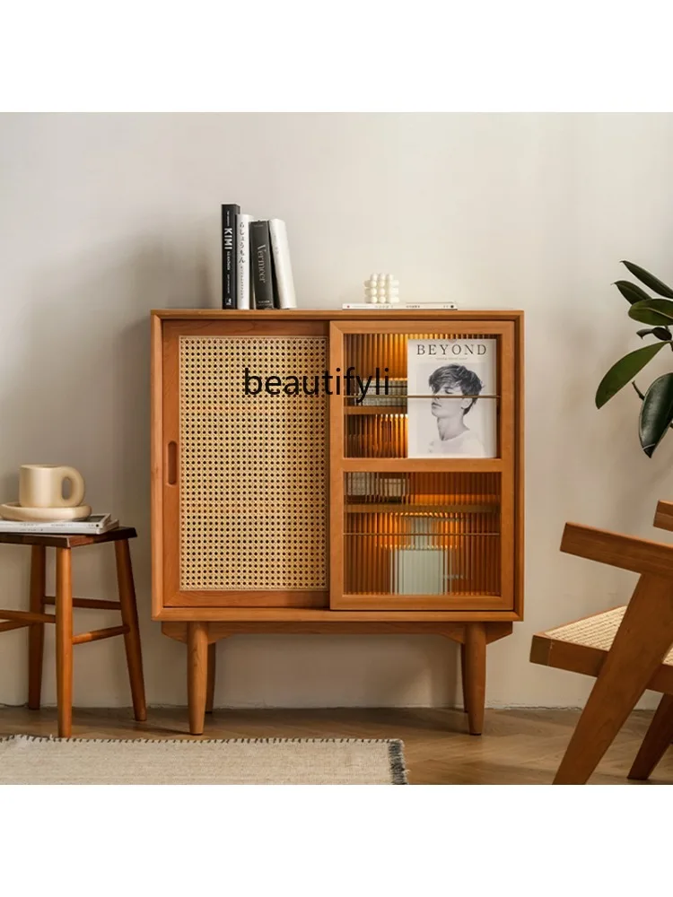 Nordic Modern Solid Wood Sideboard Japanese-Style Display Magazine Chest of Drawers Simple Rattan Glass Cabinet Door Locker