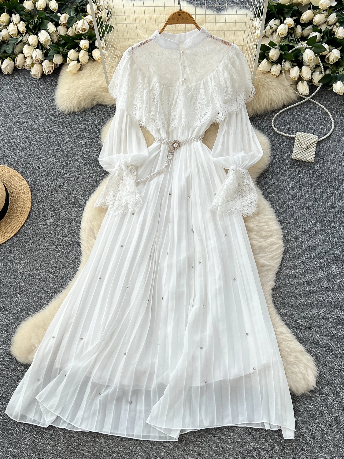 Vestido E com Mangas Lanternas para Mulheres, Vestido Longo de Verão em Renda com Design de Barra em Camadas, Cintura ...