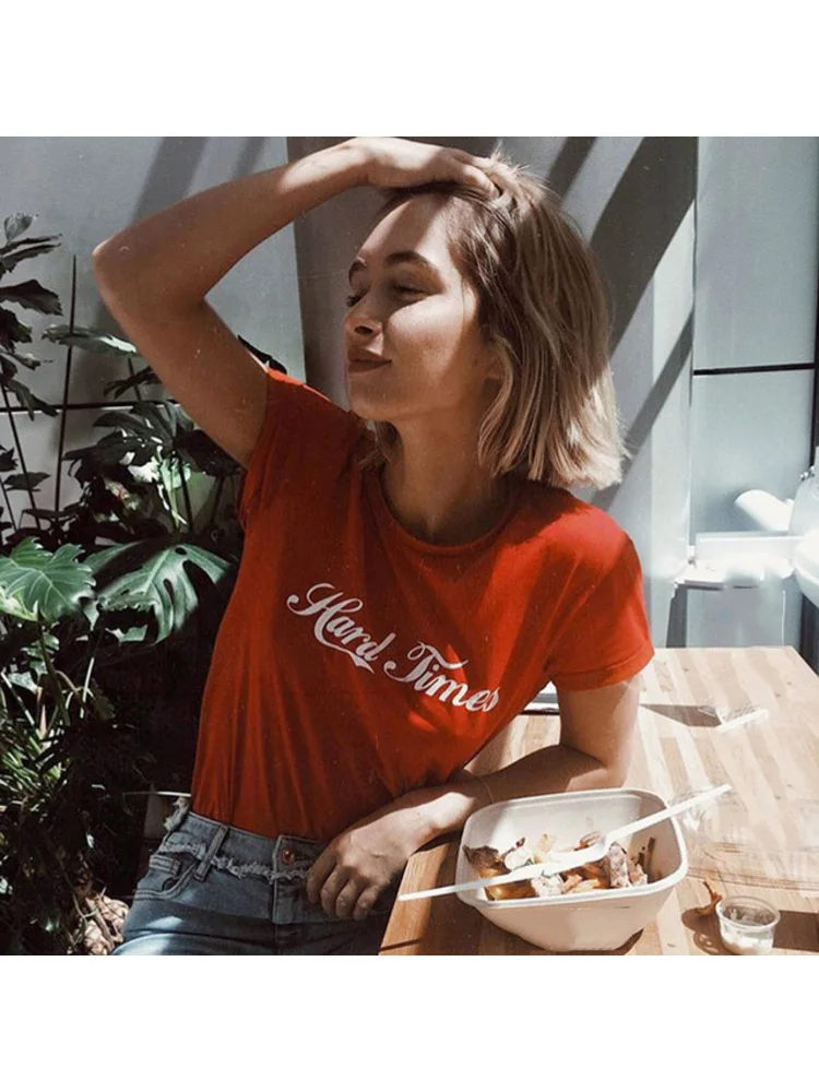 

2019 New Fashion Summer Hard Times Tshirts for Women Letter Printed Red T Shirt Harajuku Tumblr Graphic Female T-shirt Camisas