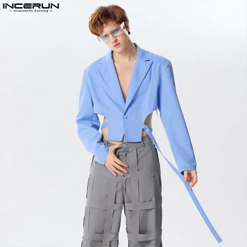 

INCERUN Tops 2024 Stylish New Men Metal Buckle Hollowed Out Cropped Suit Coats Leisure Solid All-match Long Sleeved Blazer S-5XL