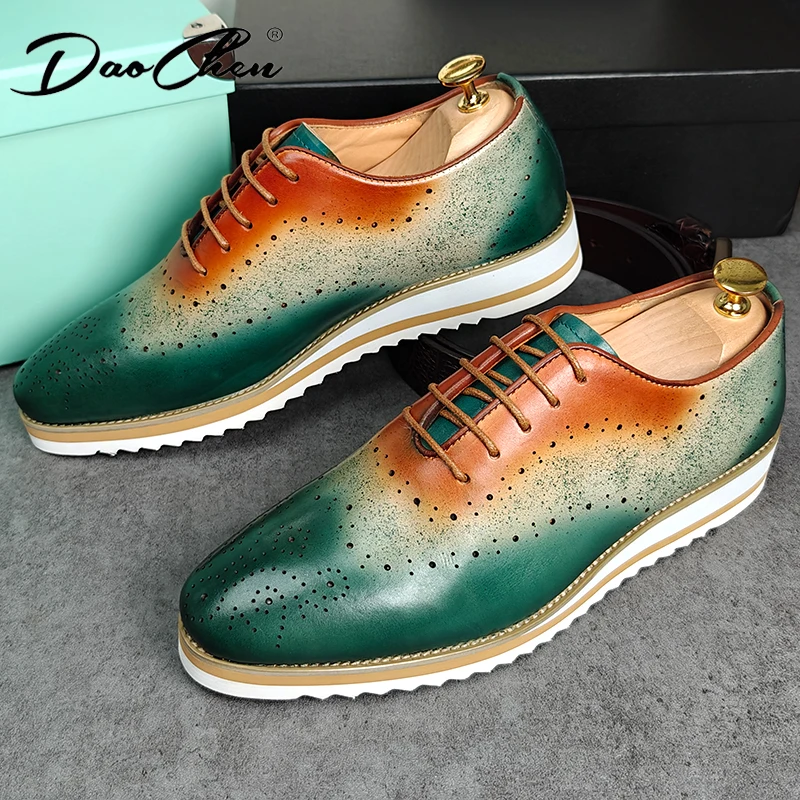 Luxury Brand Men Leather Shoes Green Blue Lace up Casual Dress Man Shoes Comfortable Sports Outdoor Daily shoes for men