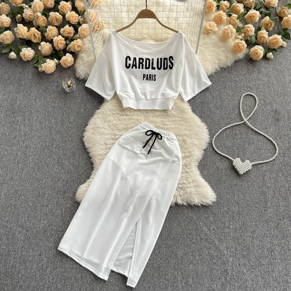 

2023 Summer Dress Sets Fashion Vintage Short Letter Top + Drawstring Split Half Skirt Irregular Casual Two Piece Set For Women
