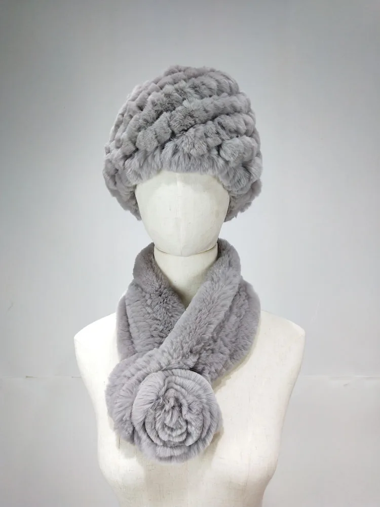 مجموعة وشاح قبعة من فراء أرنب ريكس الطبيعي للنساء، تصميم وردي شتوي محبوك لتدفئة الرقبة إكسسوارات دافئة وناعمة ومريحة