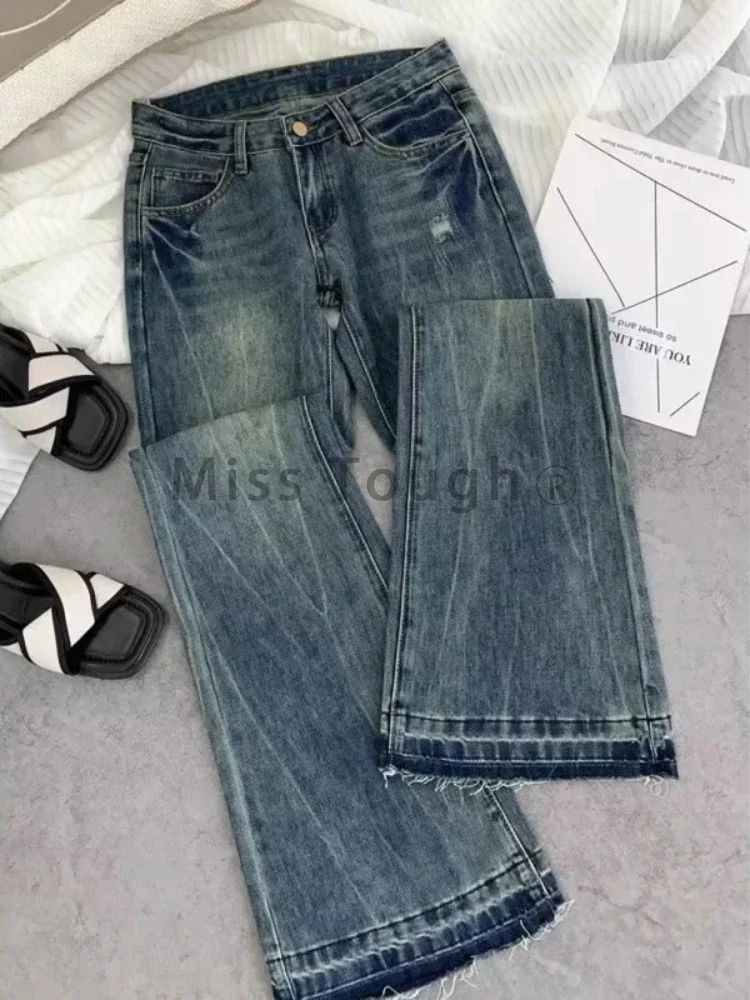 Americano retro cintura baixa jeans feminino primavera novo bordado velho casual moda calças finas coreano elegante sino calças compridas 2025