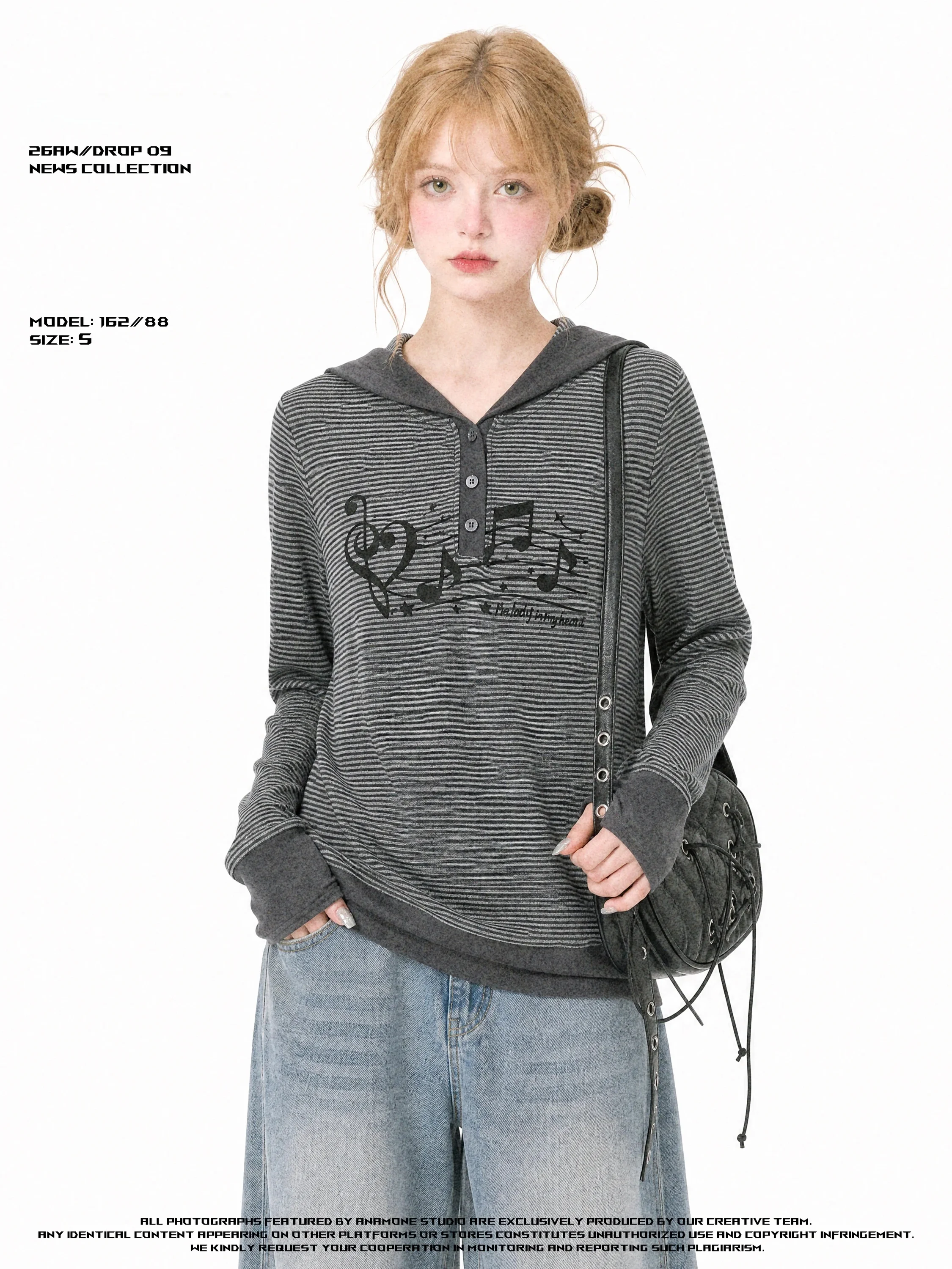 ANAMONE Retro Striped Note Print Hooded Long Sleeve Women's T-shirt Slimming Y2K Top Polyester Viscose Spandex Blend