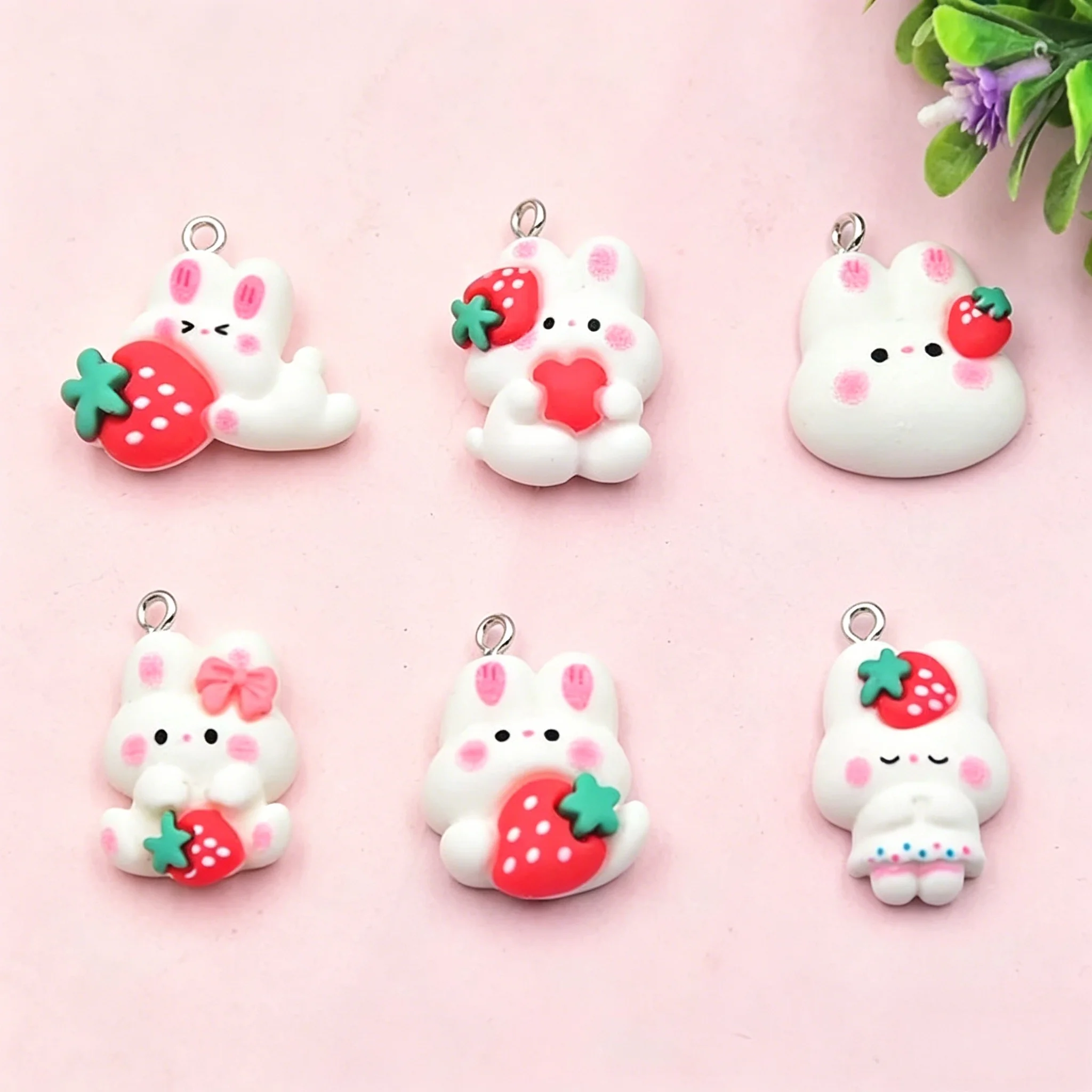 10 pendentifs en résine lapin fraise Kawaii, breloques lapin mignonnes pour porte-clés et bijoux
