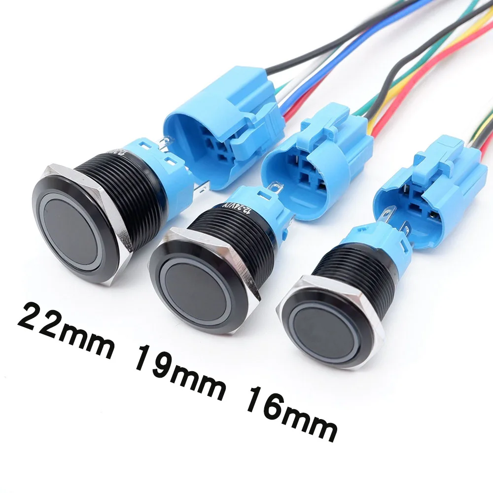 5pcs Black Push Button Switch 12v Waterproof illuminated Led Light 16/19/22mm Metal Flat Momentary Fixed Self-locking 5V 24V