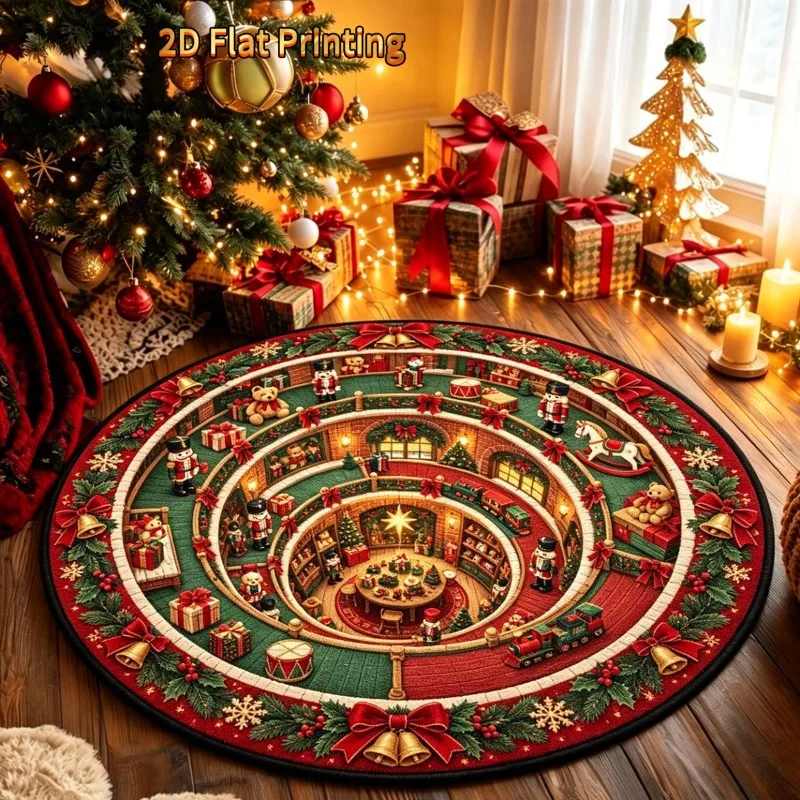 3D Spiral Christmas Village Round Rug Nutcracker Train Dollhouse Scene Home Decor