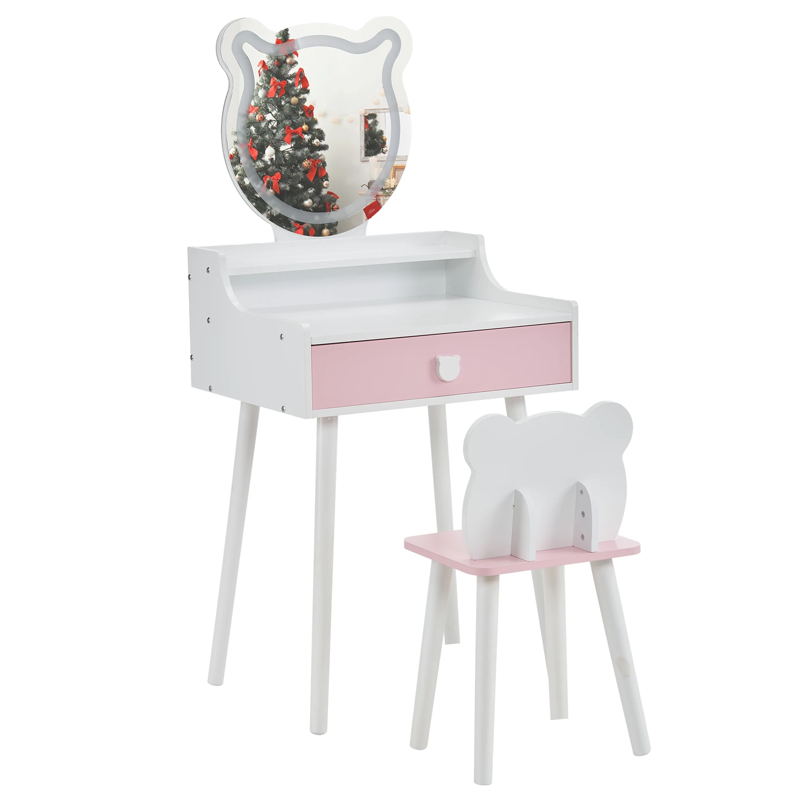 Kids Vanity Table and Chair Set, Girls Vanity with Mirror & 3-Color LED Lights, 1 Large Drawer & Storage Shelf