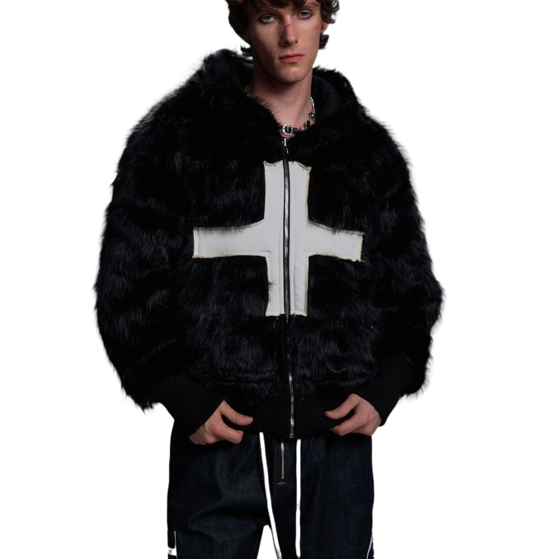 

Men's Fashion Luxury Faux Fur Coat With Patchwork 2025 Winter Thick Warm Fur Coat Thermal Hooded Windproof Outerwear