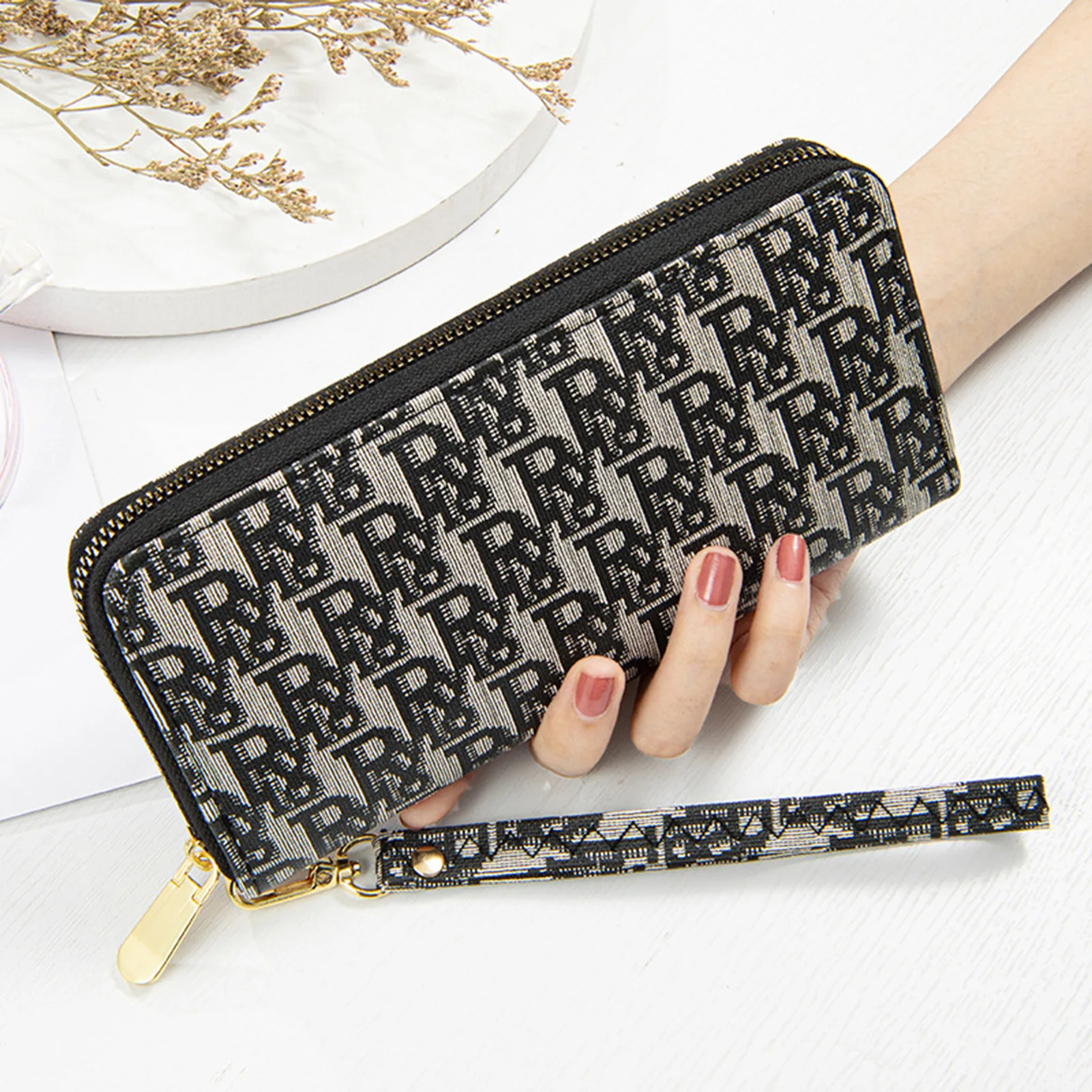 Women's Zipper Clutchs With Frosted Letter Printed Multi-Purpose Large Capacity Purse For Money Card