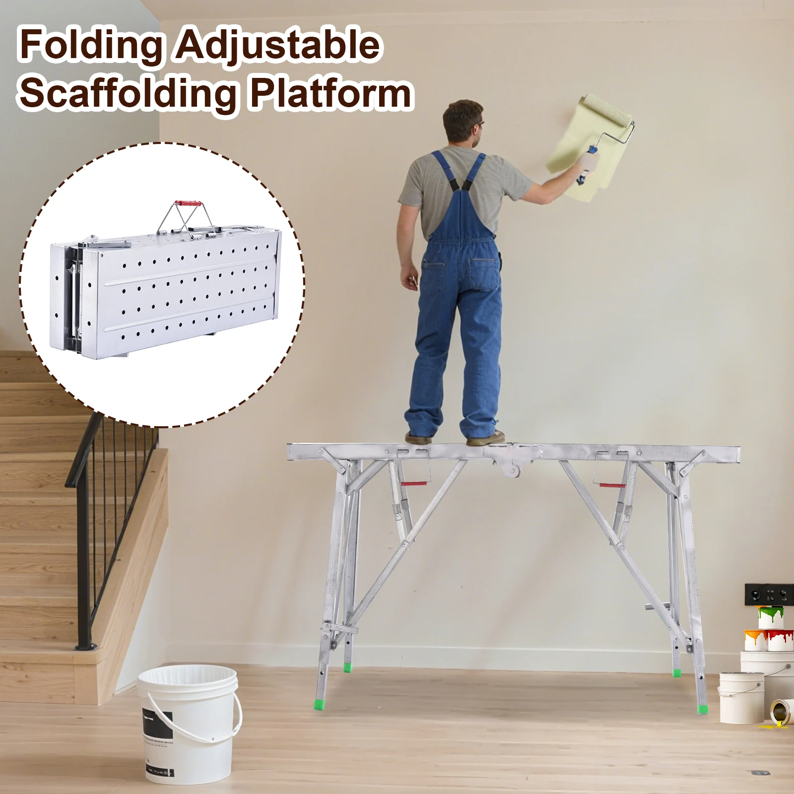 Portable Scaffolding Height Adjustable Steel Workbench 330 Load Capacity, Portable Drywall Painting Stool for Car Washing