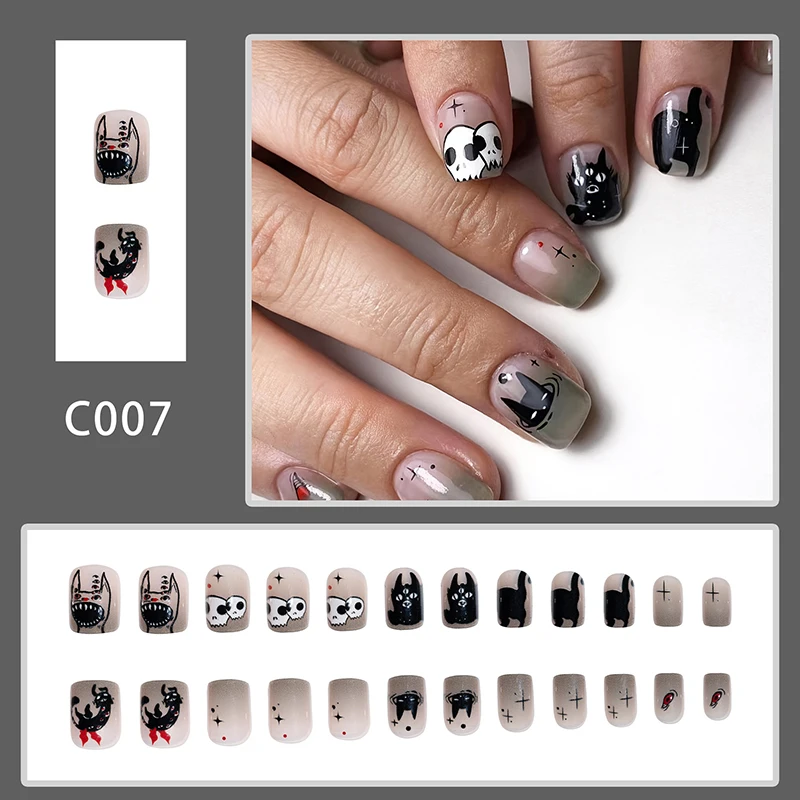 24Pcs Short Halloween Press on Nail Square Open Mouth Devil Black Cat Skull unghie finte occhio scuro unghie finte da indossare per donne e ragazze