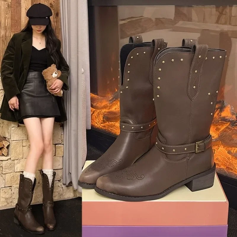 

New Women Autumn/Winter Mid-Tube Pointed Toe Boots Women's Fashion Booties Soft Leather Block Heel Cycling Boots