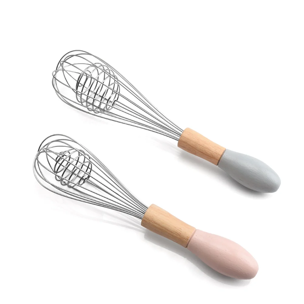 Batidor de huevos de acero inoxidable, batidor en espiral con mango de madera, mezclador manual, herramientas de cocina para huevos, salsas, panqueques, café, té de la leche, 2 uds.