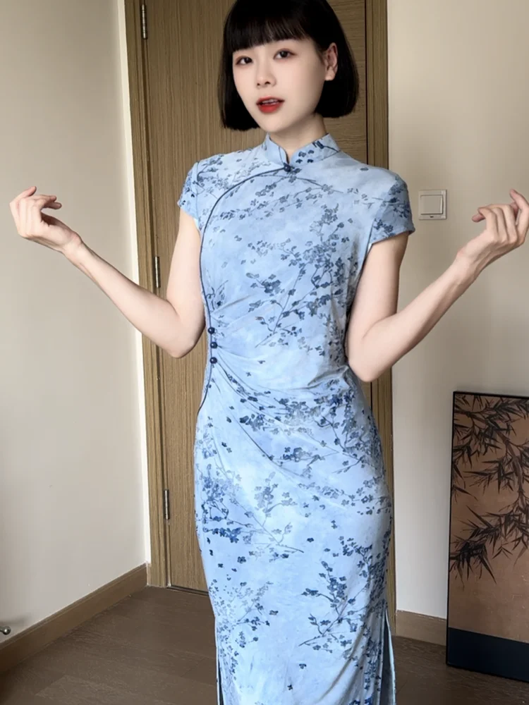 

Новая летняя женская длинная платье-рубашка Nancheng Old S в винтажном стиле с цветочным принтом, цвета ледяной синевы, художественная, стройнящая, с коротким рукавом