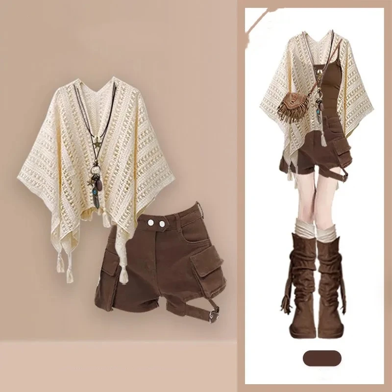 

Women Summer Hollow Out Shawl Sling Pants 1 or Three Piece Set Beach Sea Side Travel Top Vest Trousers Outfits 2025 New Clothing