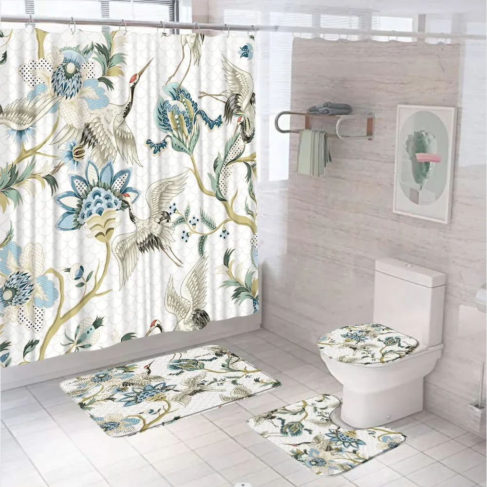 Bird Crane Garden Shower Curtain Set Non-Slip Rug Bath Mat Toilet Lid Cover Animal Flower Green Bamboo Scenery Bathroom Curtains