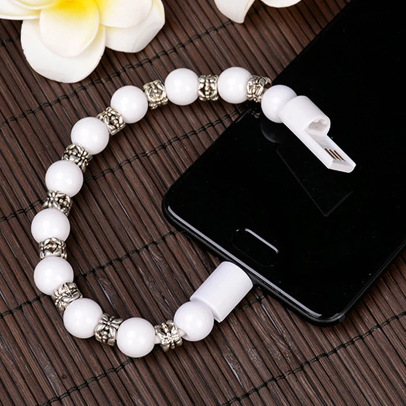 Creative Micro USB Type C Beaded Strand Bracelet Women Men Data Charger Cable Solid Cord for iPhone 6 7 X Samsung S7 S10