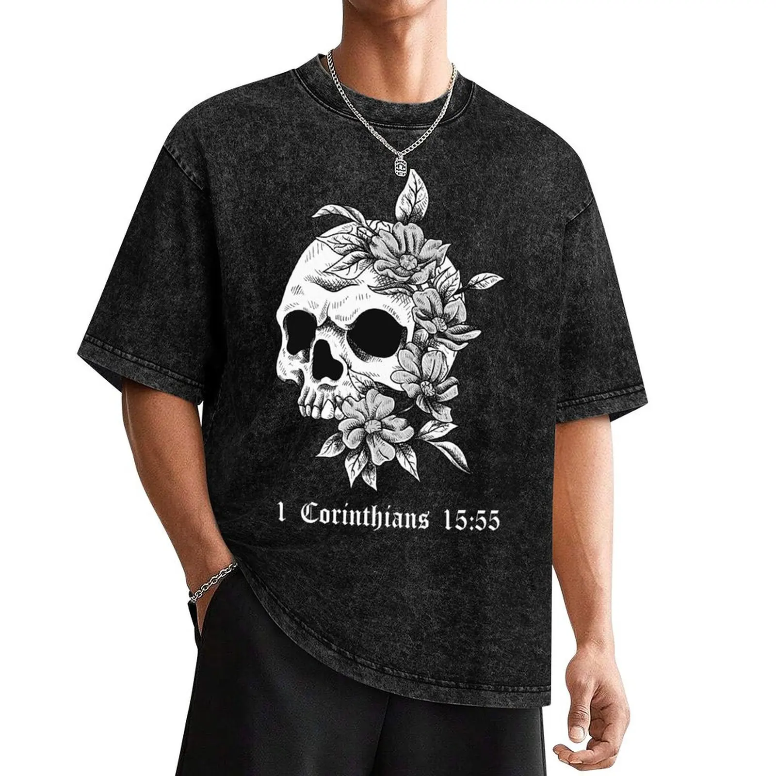 

Skull with flowers 1 Corinthians 15:55 T-Shirt graphic t shirt vintage cute clothes men clothes