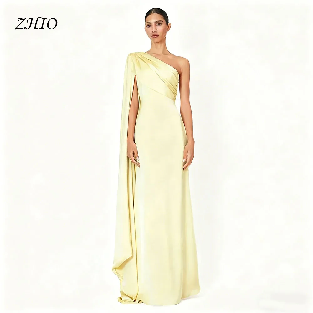 

ZHIO Elegant Ligh Yellow Evening Dress One Shoulder Long Cape Mermaid Satin Woman Prom Gown Formal Occasion Party Dresses Custom